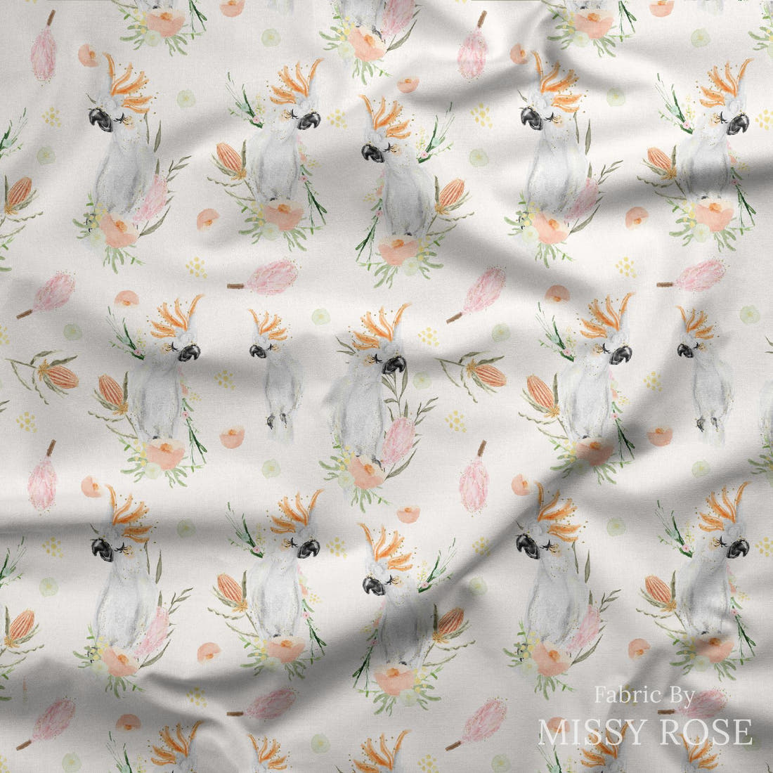 Design 536 Cockatoo Fabric draped fabric mockup – custom printed fabric by the metre | Fabric by Missy Rose