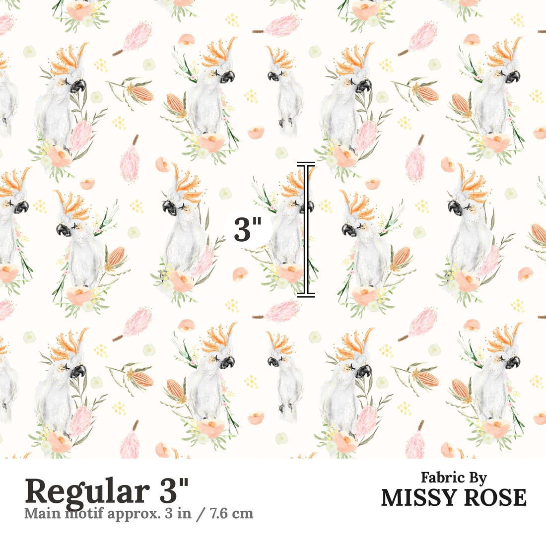 Design 536 Cockatoo Fabric Regular 3" - print scale | Fabric by Missy Rose