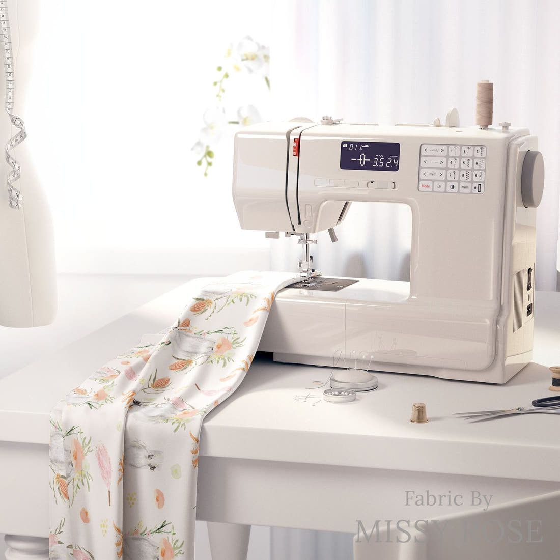 Design 536 Cockatoo Fabric on a sewing machine – premium fabric for sewing projects | Fabric by Missy Rose