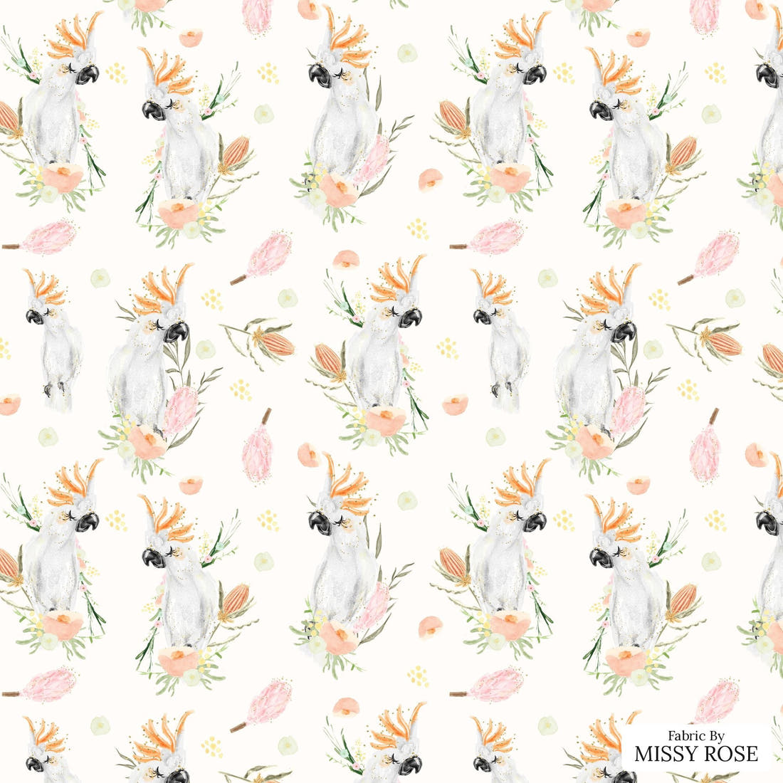 Design 536 Cockatoo Fabric - flat view of the print, zoom in for detail | Fabric by Missy Rose