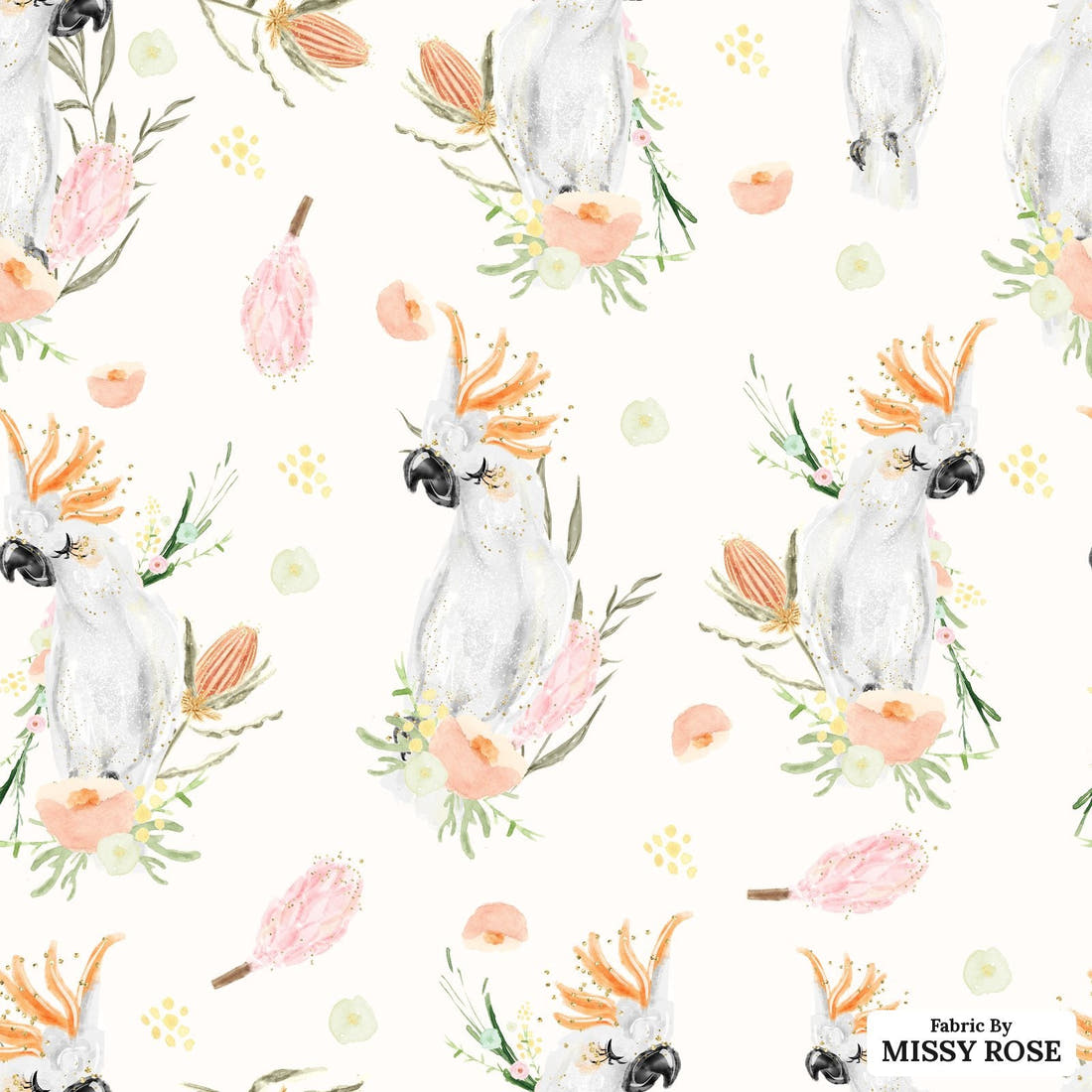 Design 536 Cockatoo Fabric - flat view of the print, zoom in for detail | Fabric by Missy Rose