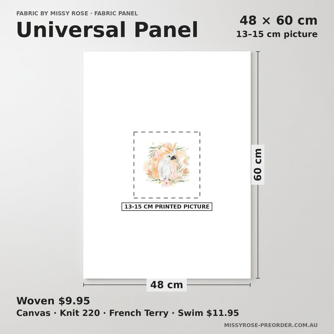 Design 536 Cockatoo Panel universal panel sizing – 13–15 cm printed picture on 48 × 60 cm fabric | Fabric by Missy Rose