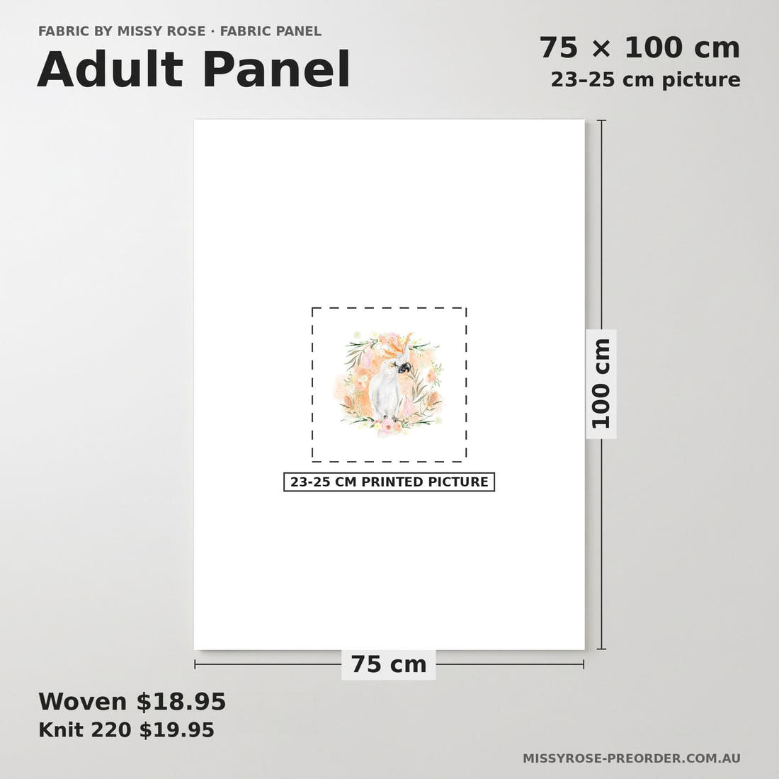 Design 536 Cockatoo Panel adult panel sizing – 23–25 cm printed picture on 75 × 100 cm fabric | Fabric by Missy Rose