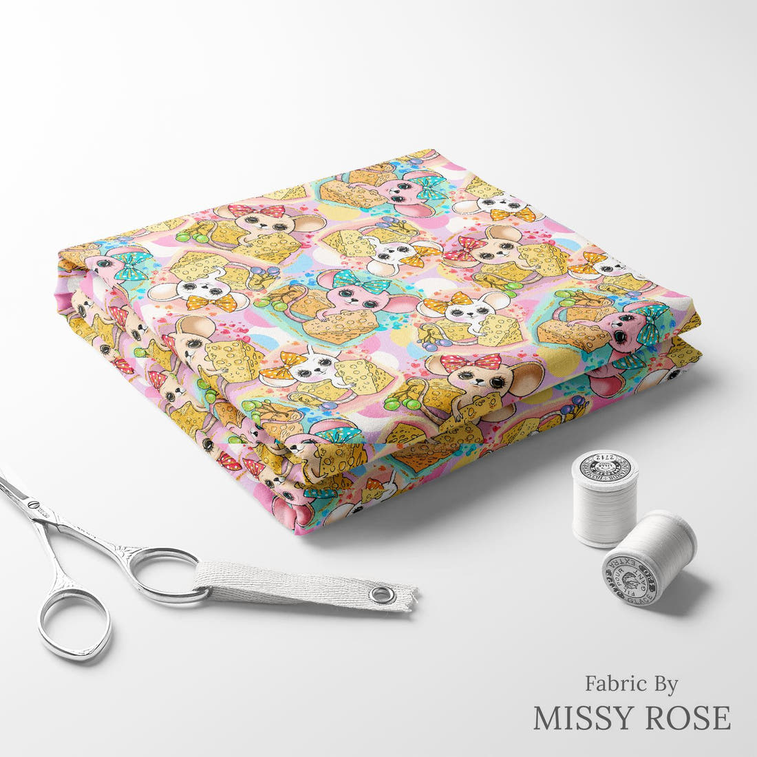 Design 537 Mouse Fabric folded fabric stack with matching thread – pre-order fabric Australia | Fabric by Missy Rose