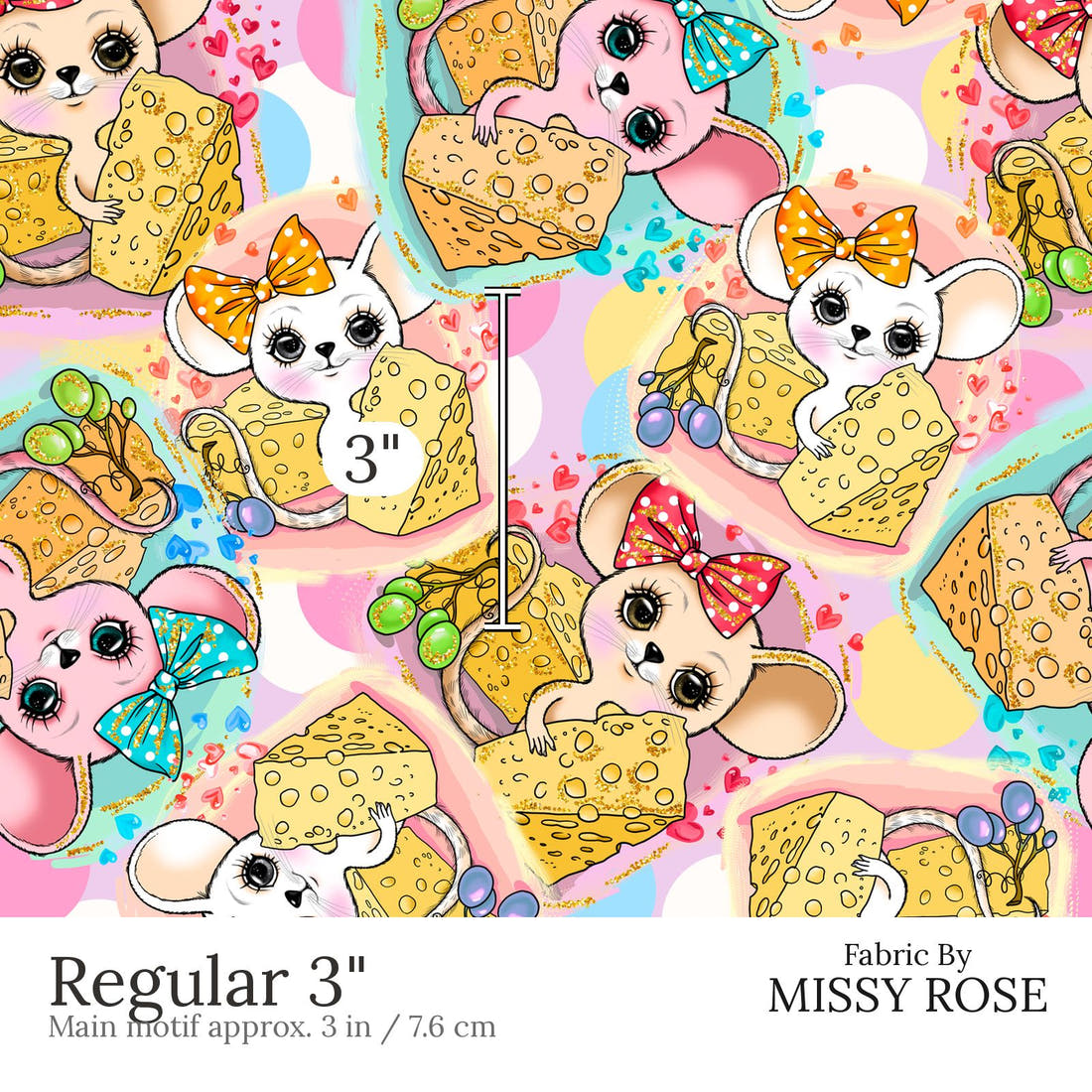 Design 537 Mouse Fabric Regular 3 inch print scale guide | Fabric by Missy Rose