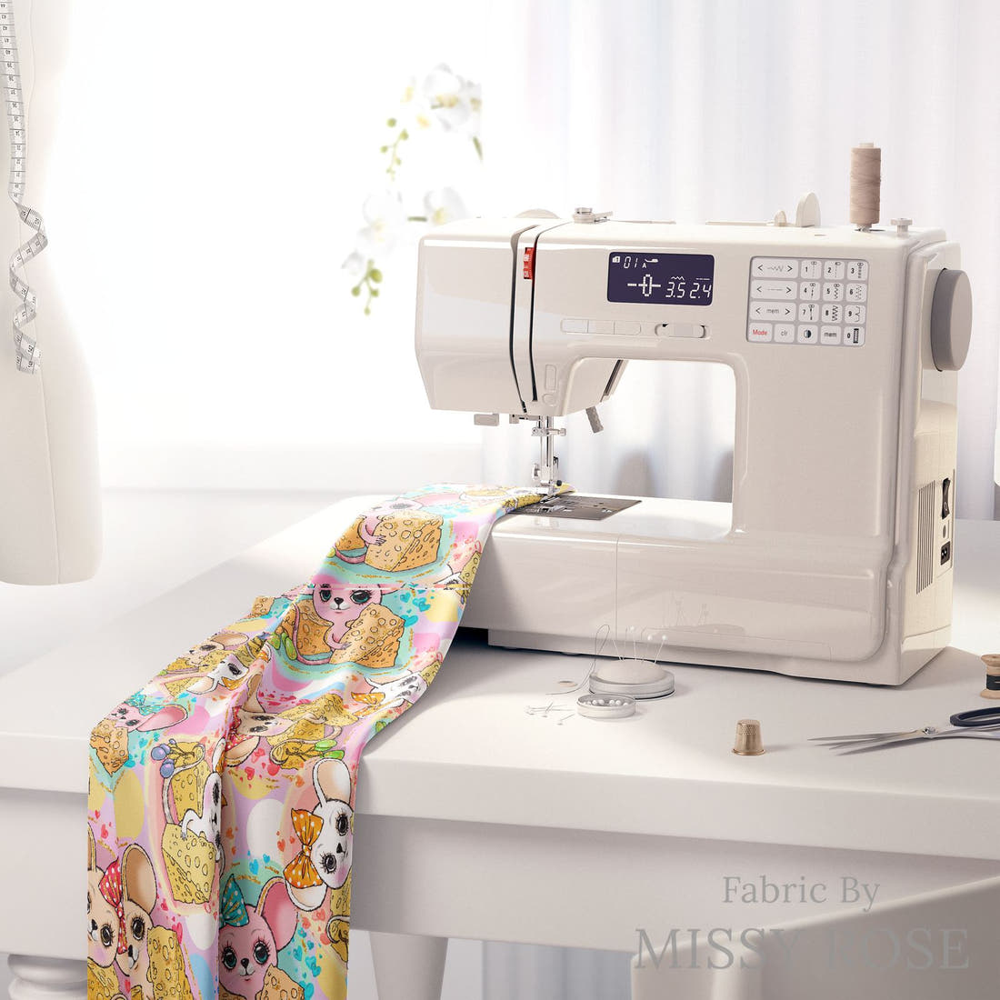 Design 537 Mouse Fabric on a sewing machine – premium fabric for sewing projects | Fabric by Missy Rose