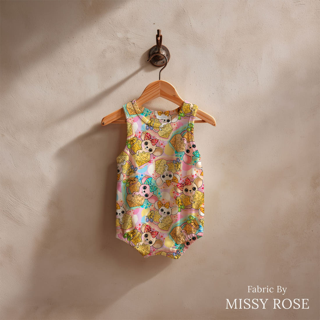 Design 537 Mouse Fabric sewn into a baby romper – see how the print looks made up | Fabric by Missy Rose