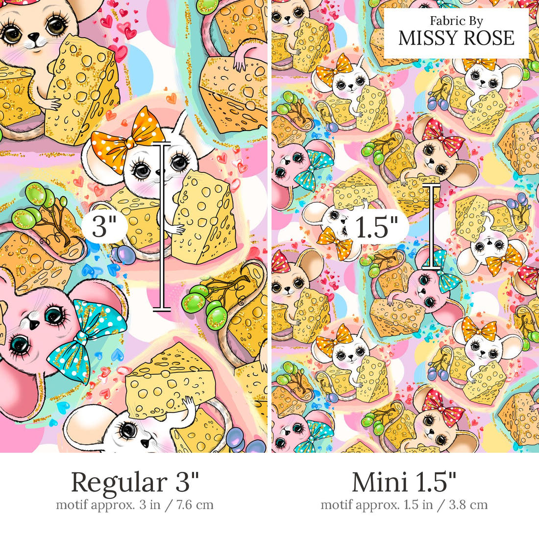 Design 537 Mouse Fabric Regular 3 inch vs Mini 1.5 inch print scale side by side | Fabric by Missy Rose