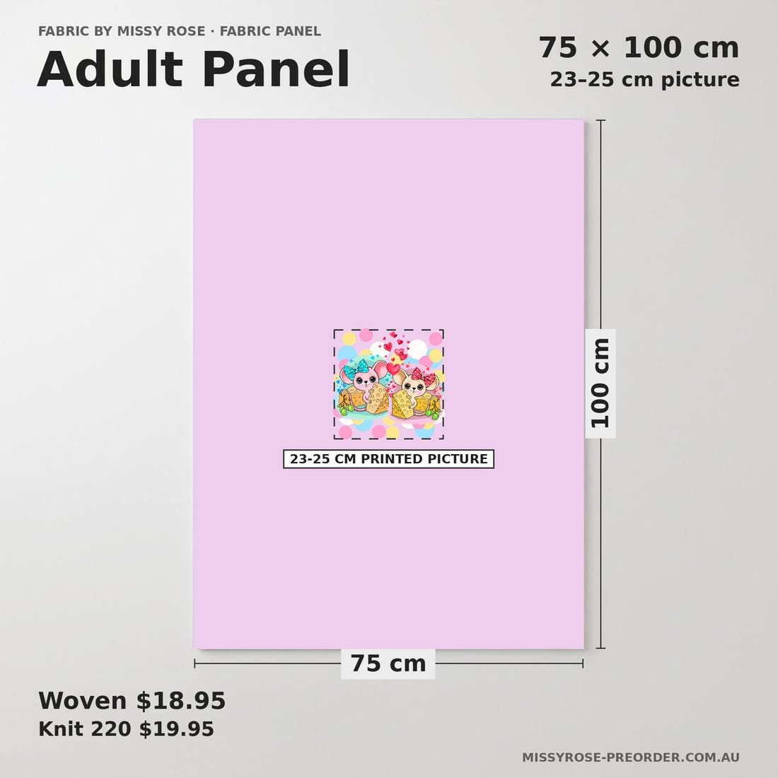 Design 537 Mouse Panel adult panel sizing – 23–25 cm printed picture on 75 × 100 cm fabric | Fabric by Missy Rose