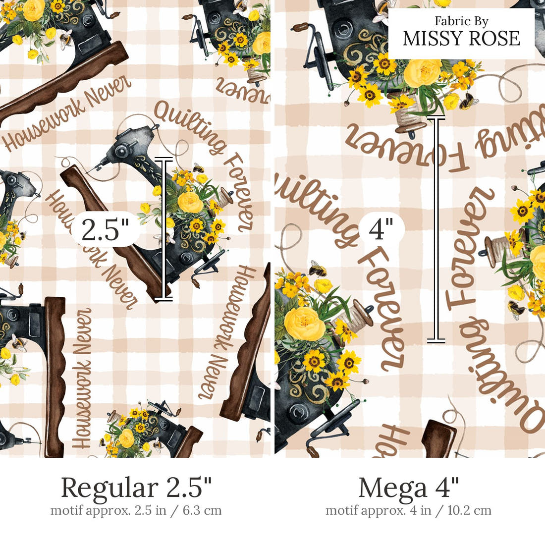 Design 538 Quilting Fabric Regular 2.5 inch vs Mega 4 inch print scale side by side | Fabric by Missy Rose