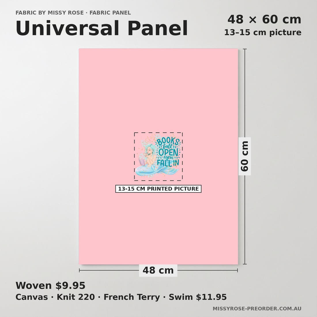 Design 539 Reading Mermaid Panel universal panel sizing – 13–15 cm printed picture on 48 × 60 cm fabric | Fabric by Missy Rose