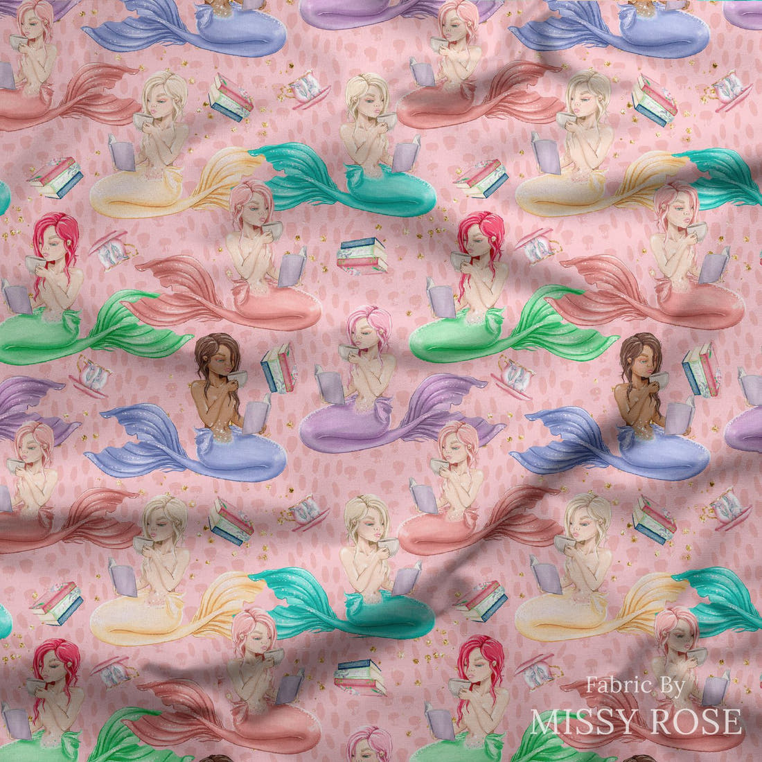 Design 539 Reading Mermaid Fabric draped fabric mockup – custom printed fabric by the metre | Fabric by Missy Rose