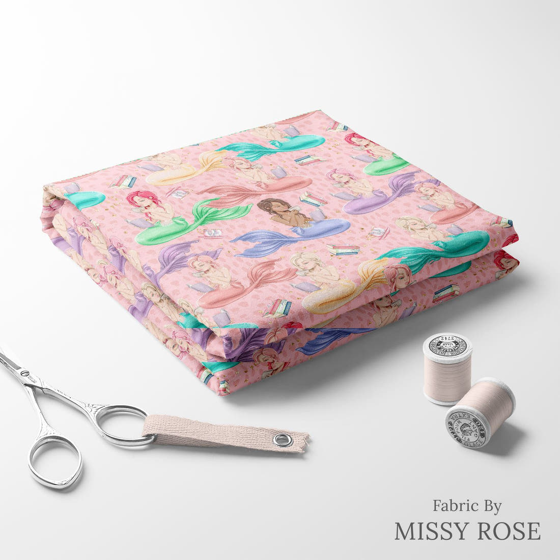 Design 539 Reading Mermaid Fabric folded fabric stack with matching thread – pre-order fabric Australia | Fabric by Missy Rose