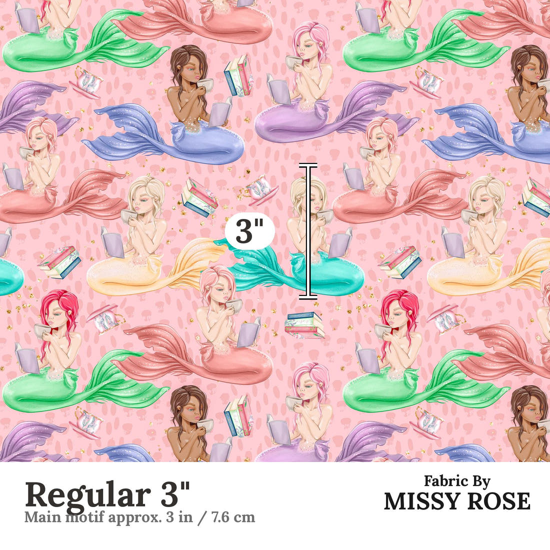 Design 539 Reading Mermaid Fabric Regular 3" - print scale | Fabric by Missy Rose