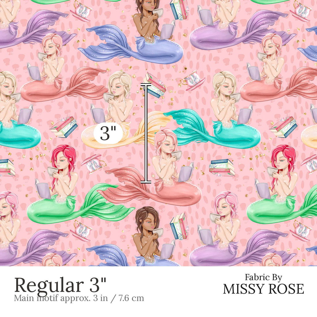 Design 539 Reading Mermaid Fabric Regular 3 inch print scale guide | Fabric by Missy Rose