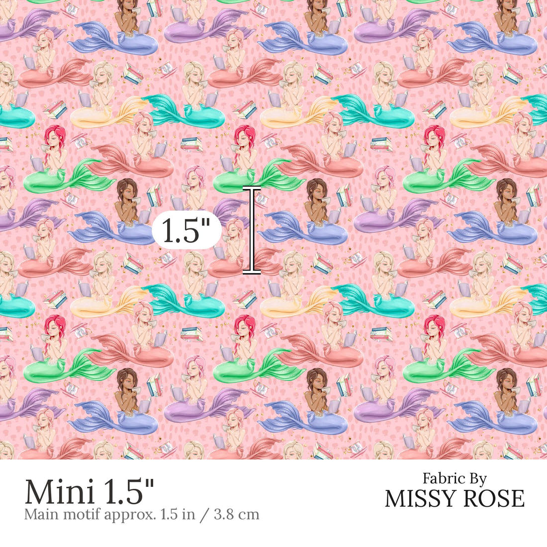 Design 539 Reading Mermaid Fabric Mini 1.5 inch print scale guide | Fabric by Missy Rose
