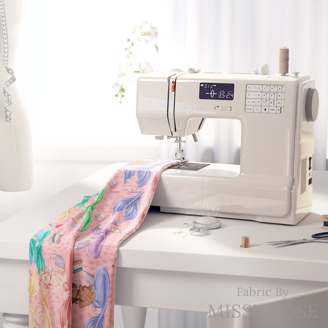 Design 539 Reading Mermaid Fabric on a sewing machine – premium fabric for sewing projects | Fabric by Missy Rose