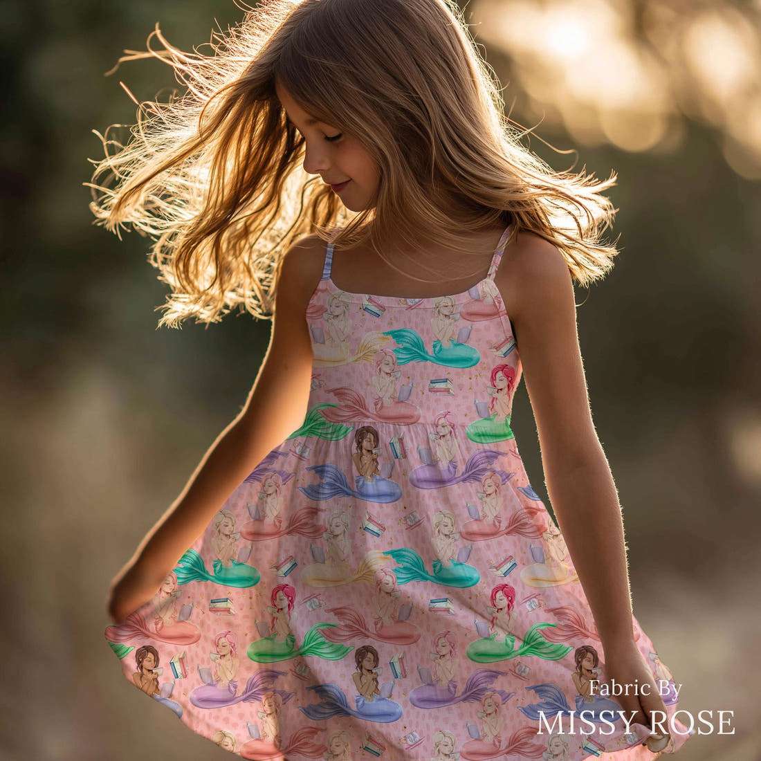 Design 539 Reading Mermaid Fabric sewn into a girls' dress – see how the print looks made up | Fabric by Missy Rose