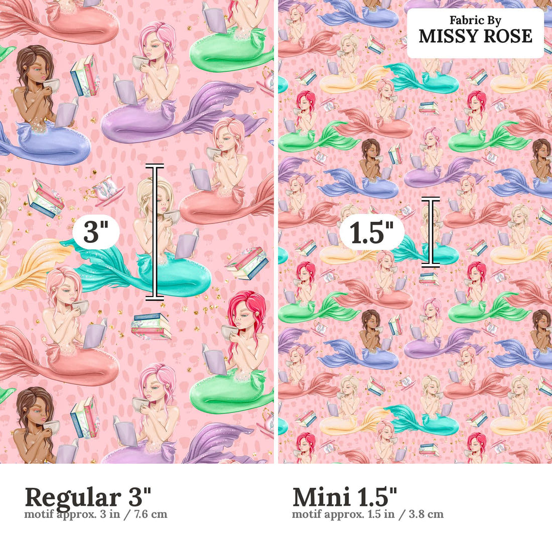 Design 539 Reading Mermaid Fabric size comparison - print scale | Fabric by Missy Rose