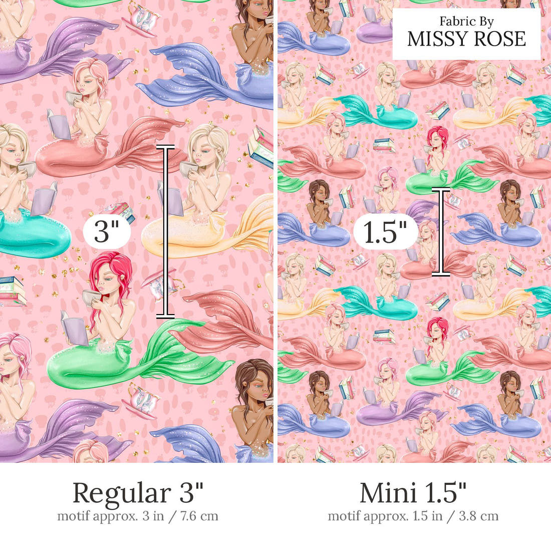 Design 539 Reading Mermaid Fabric Regular 3 inch vs Mini 1.5 inch print scale side by side | Fabric by Missy Rose