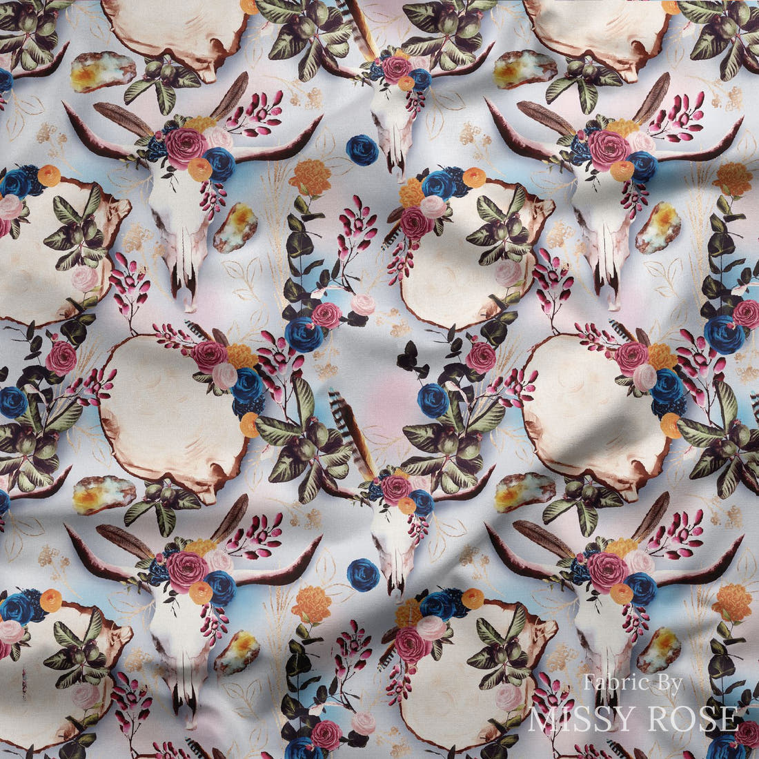 Design 54 Boho Cowskull Fabric draped fabric mockup – custom printed fabric by the metre | Fabric by Missy Rose