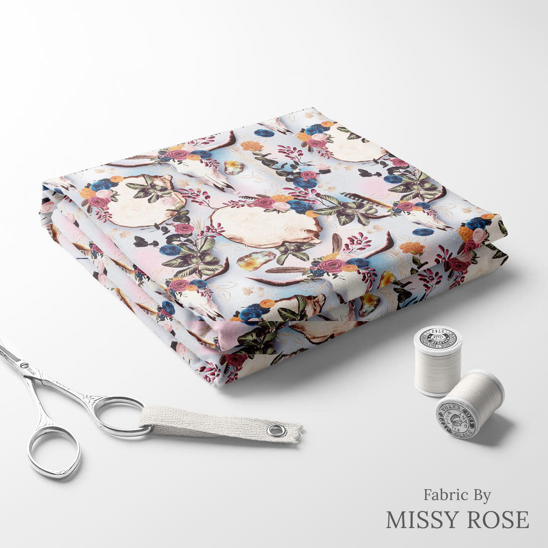 Design 54 Boho Cowskull Fabric folded fabric stack with matching thread – pre-order fabric Australia | Fabric by Missy Rose
