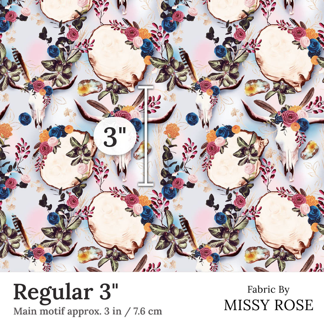 Design 54 Boho Cowskull Fabric Regular 3 inch print scale guide | Fabric by Missy Rose