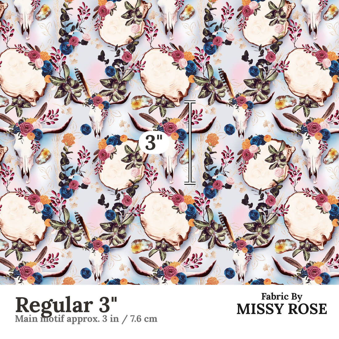 Design 54 Boho Cowskull Fabric Regular 3" - print scale | Fabric by Missy Rose