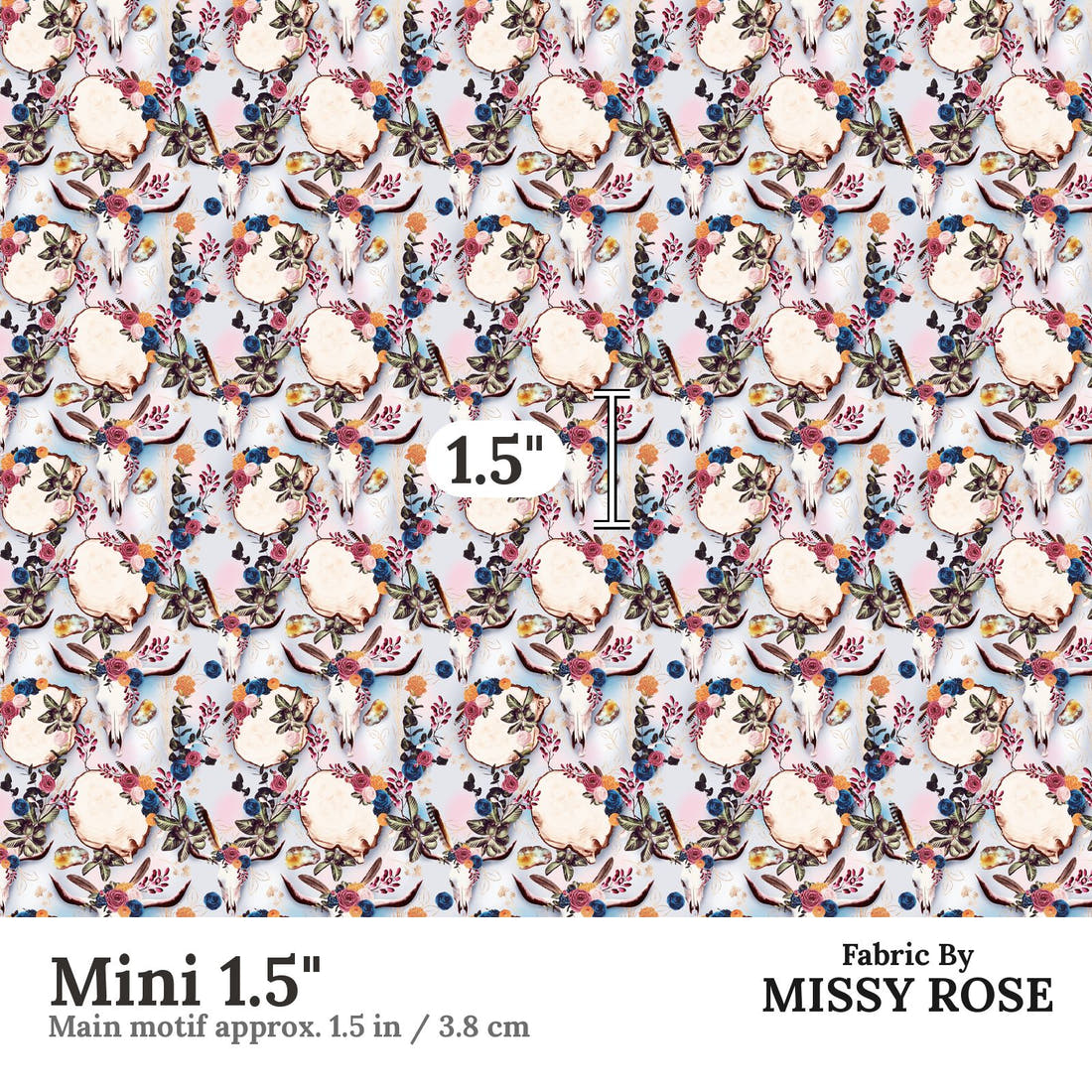 Design 54 Boho Cowskull Fabric Mini 1.5" - print scale | Fabric by Missy Rose