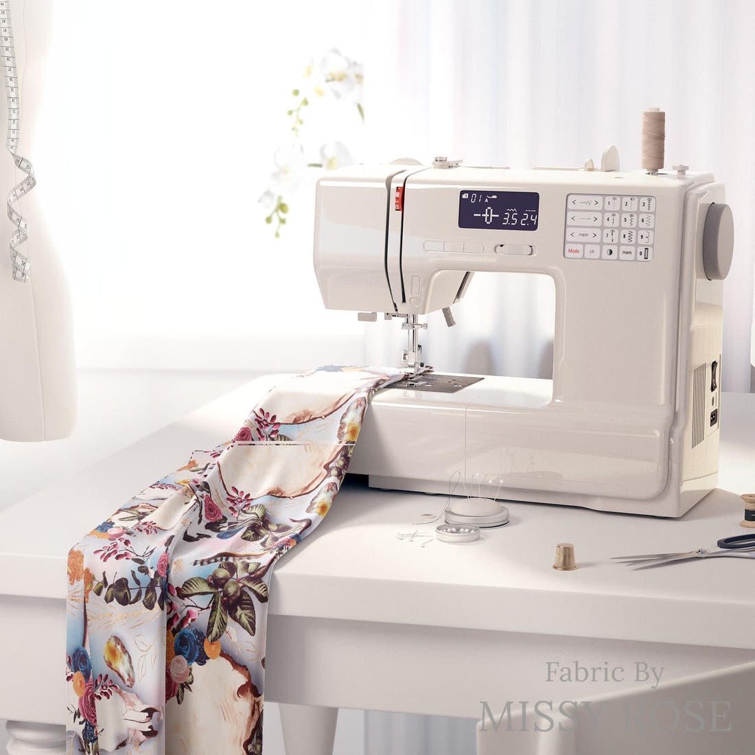 Design 54 Boho Cowskull Fabric on a sewing machine – premium fabric for sewing projects | Fabric by Missy Rose