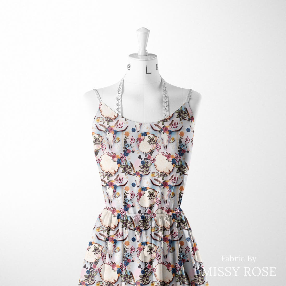 Design 54 Boho Cowskull Fabric sewn into a women's dress – see how the print looks made up | Fabric by Missy Rose