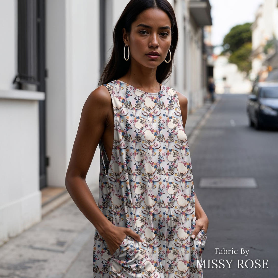 Design 54 Boho Cowskull Fabric sewn into a women's jumpsuit – see how the print looks made up | Fabric by Missy Rose