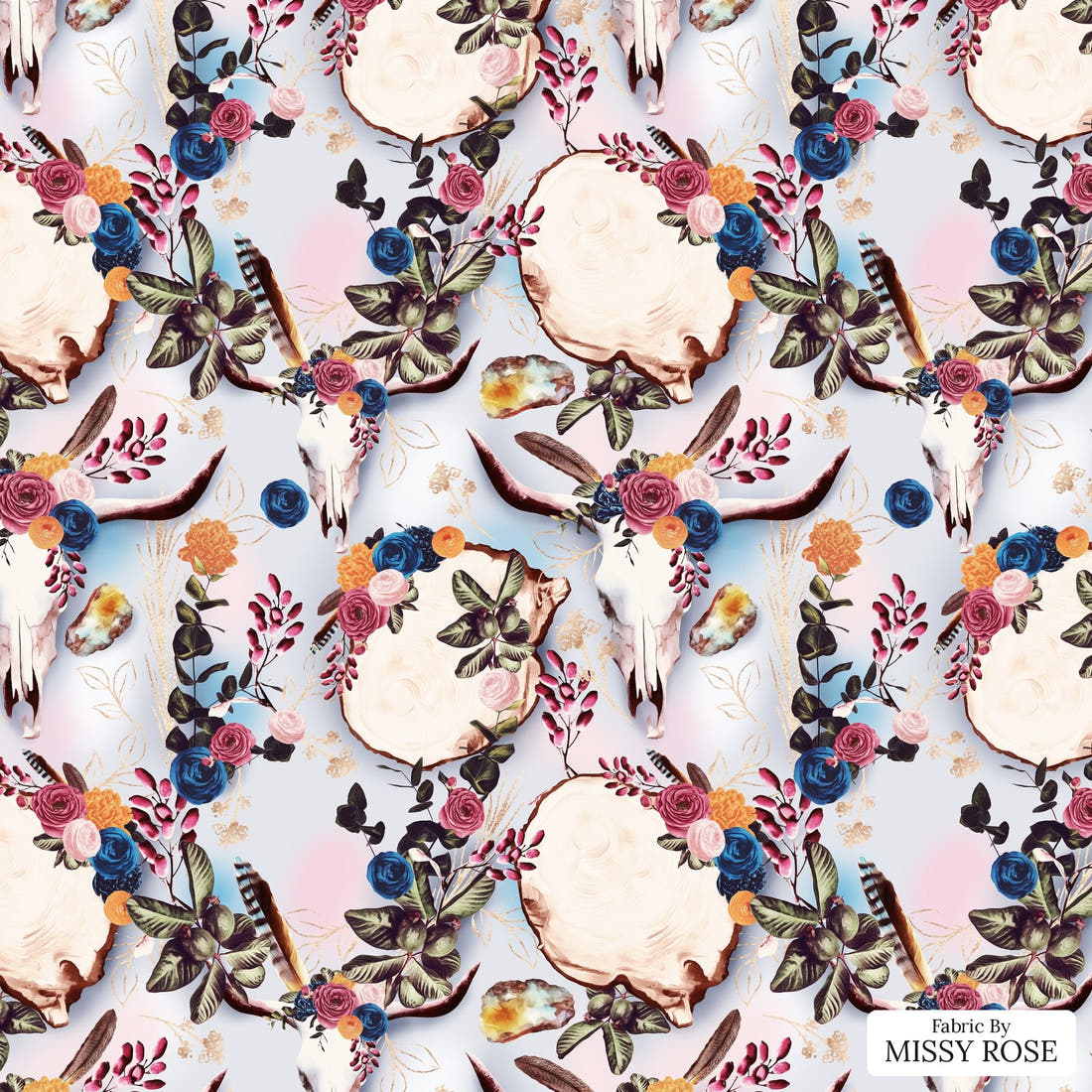Design 54 Boho Cowskull Fabric - flat view of the print, zoom in for detail | Fabric by Missy Rose
