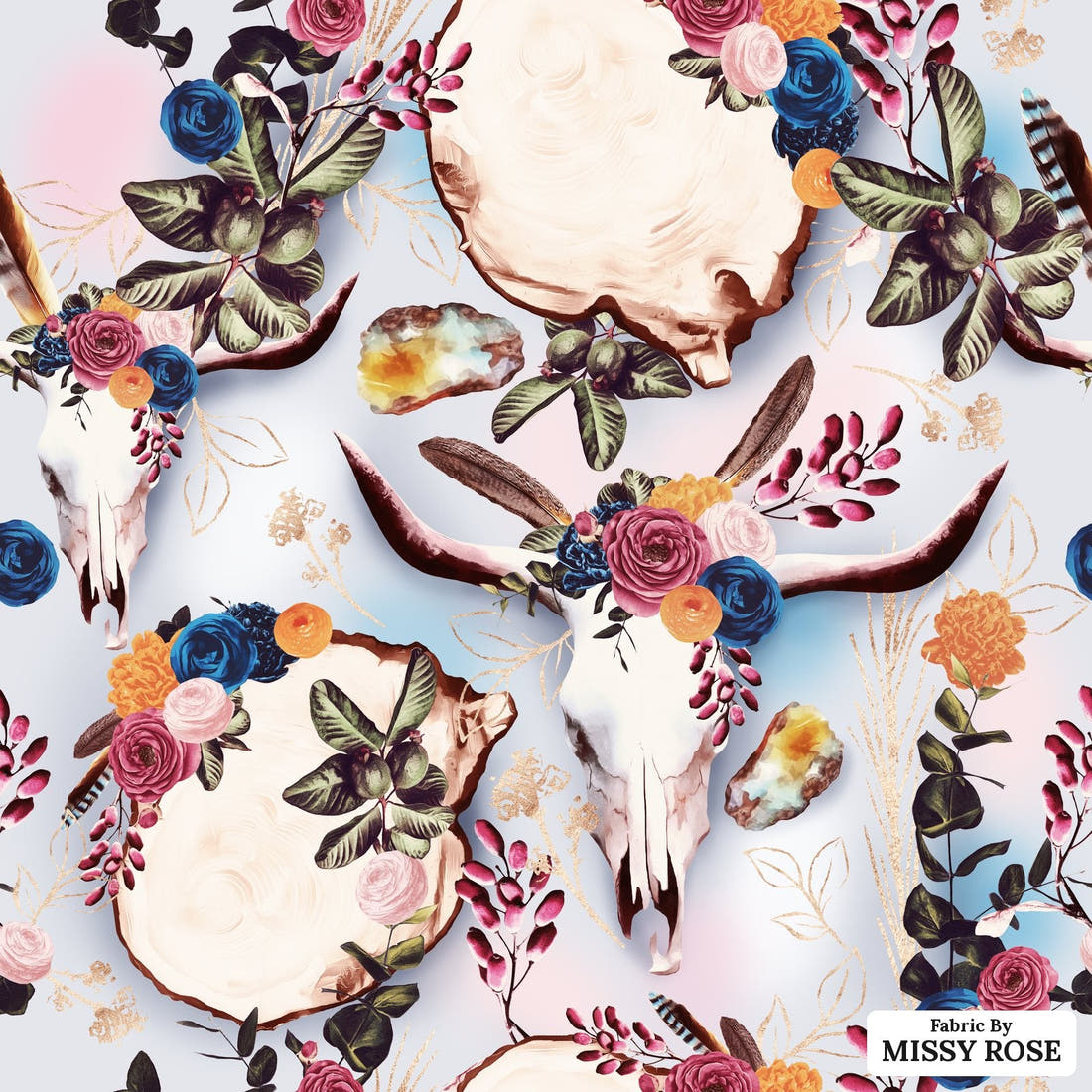 Design 54 Boho Cowskull Fabric - flat view of the print, zoom in for detail | Fabric by Missy Rose
