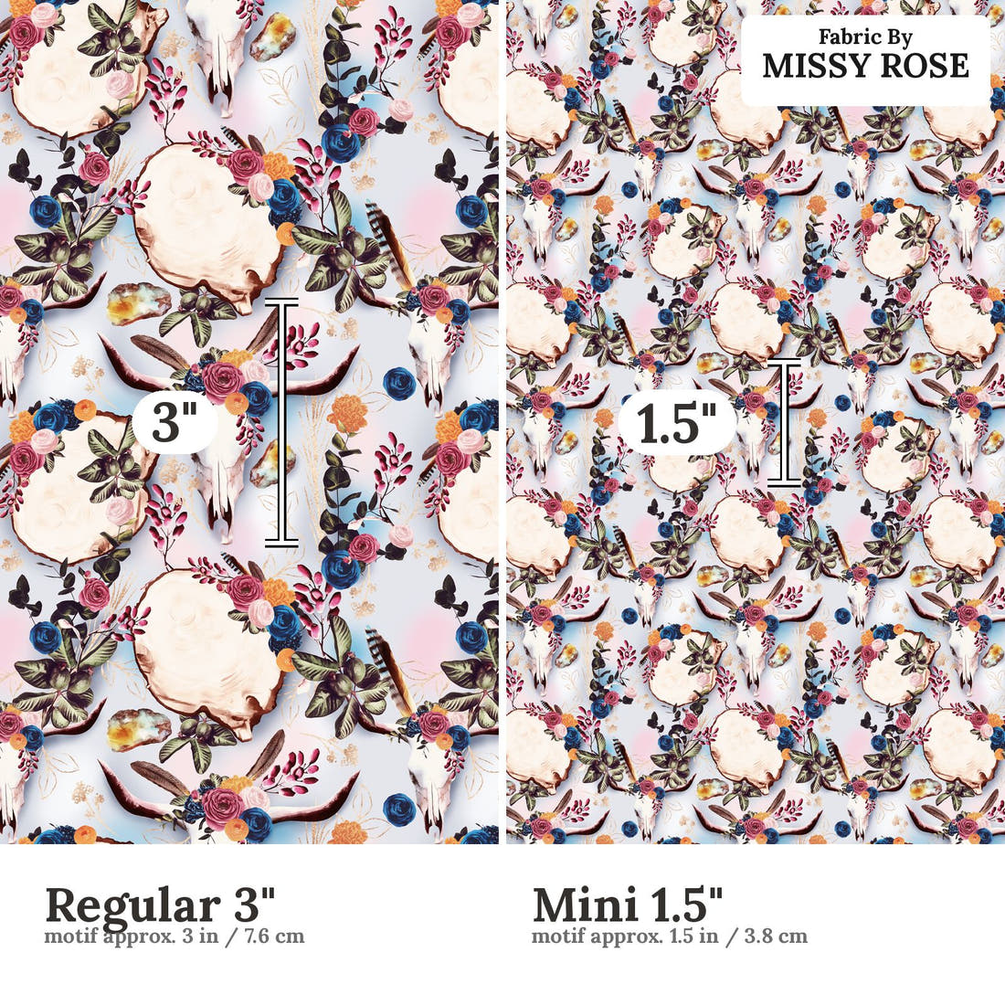 Design 54 Boho Cowskull Fabric size comparison - print scale | Fabric by Missy Rose