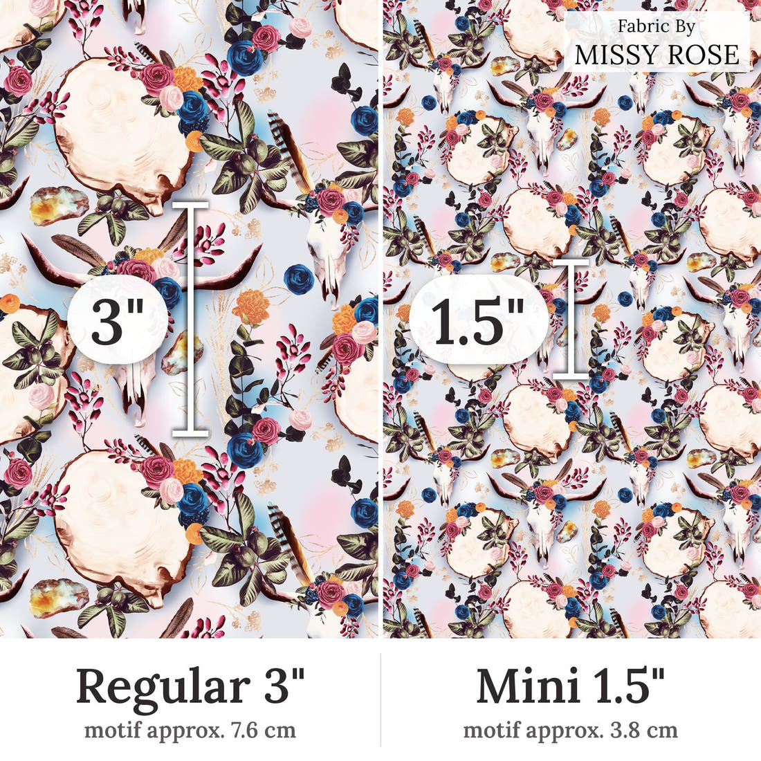 Design 54 Boho Cowskull Fabric Regular 3 inch vs Mini 1.5 inch print scale side by side | Fabric by Missy Rose