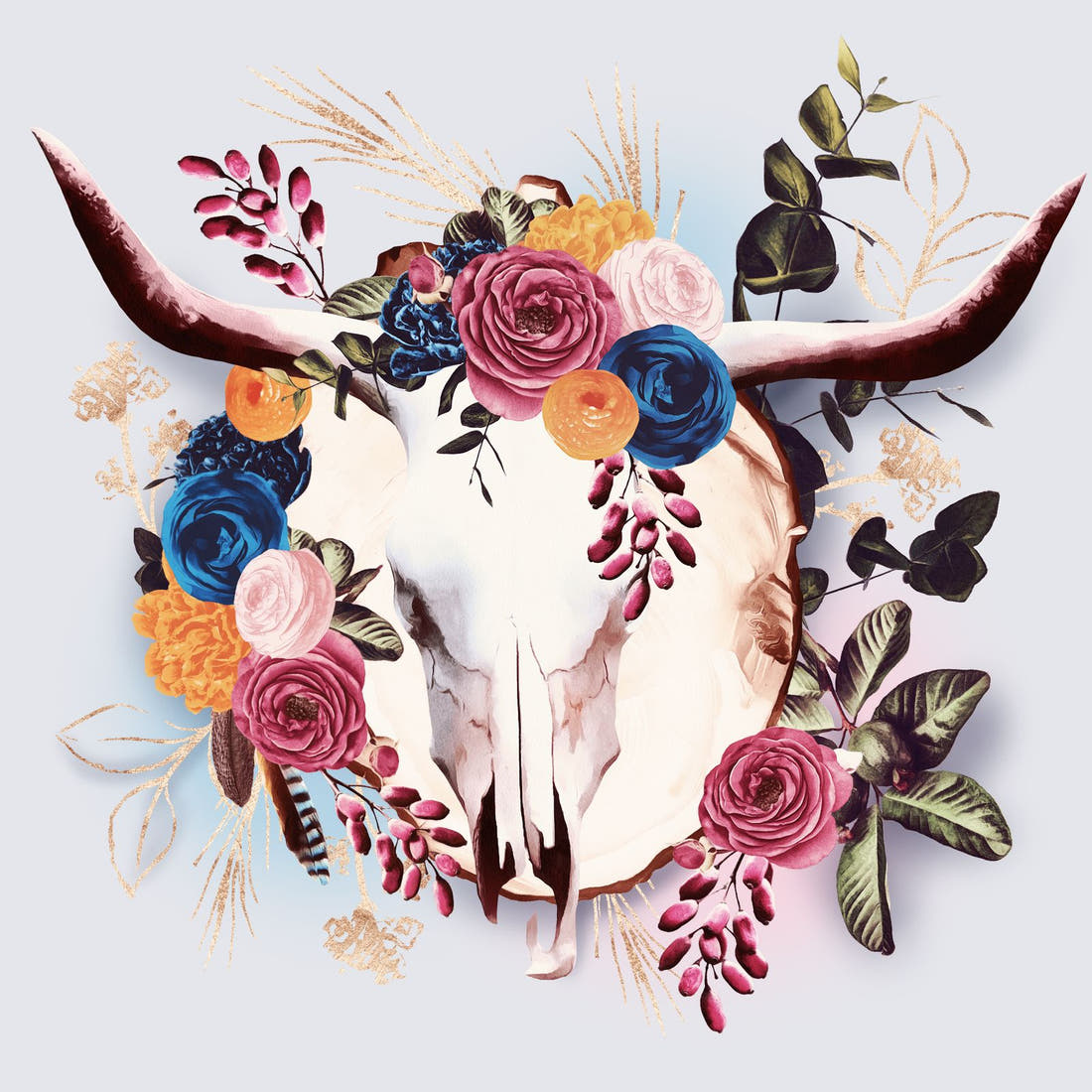 Design 54 Boho Cowskull Panel – full artwork close-up of the printed picture | Fabric by Missy Rose
