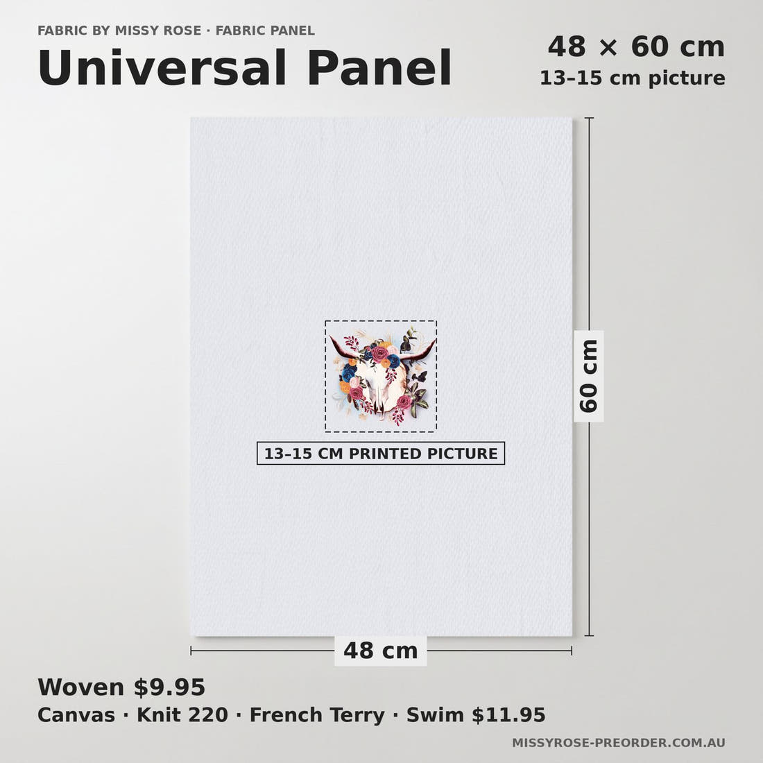 Design 54 Boho Cowskull Panel universal panel sizing – 13–15 cm printed picture on 48 × 60 cm fabric | Fabric by Missy Rose