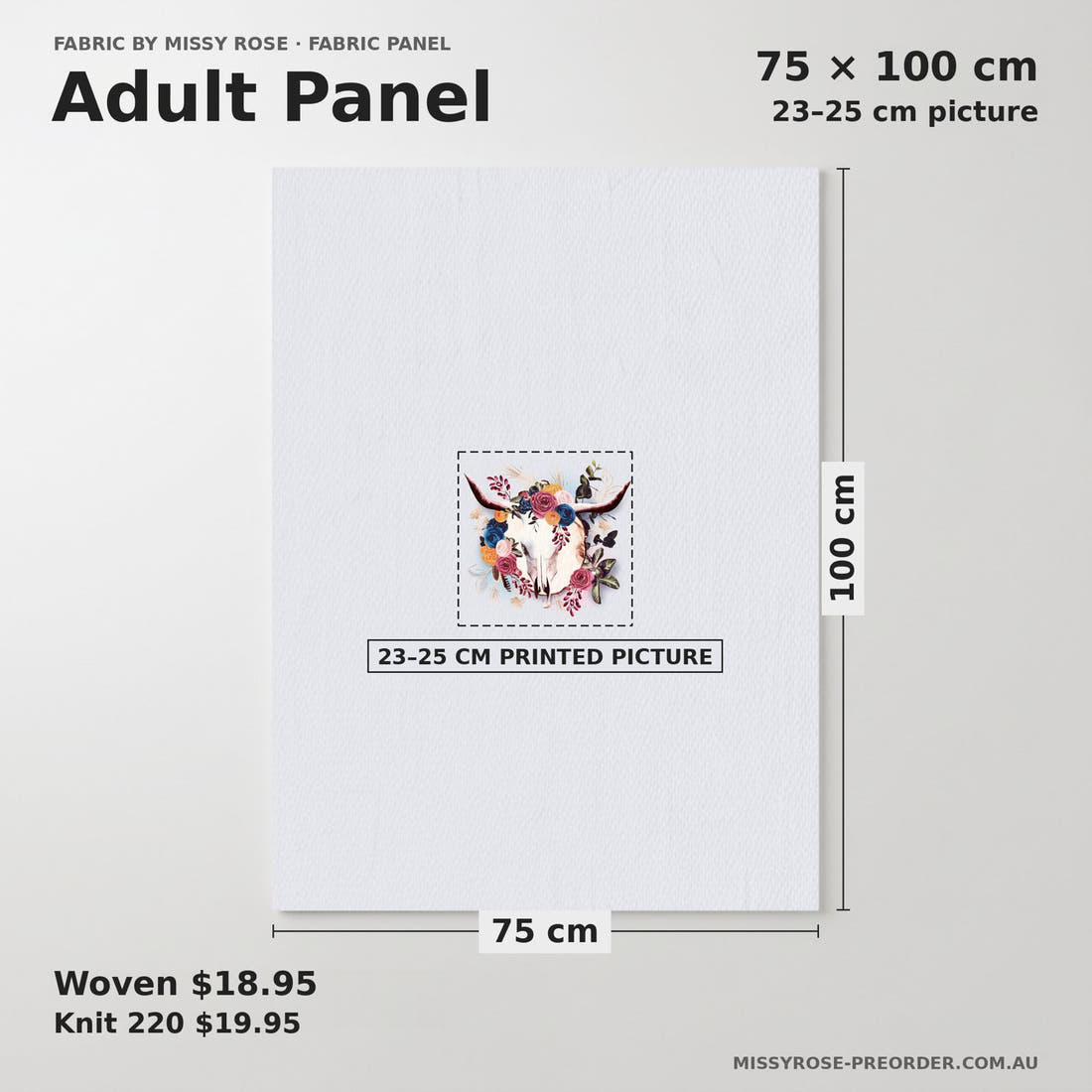Design 54 Boho Cowskull Panel adult panel sizing – 23–25 cm printed picture on 75 × 100 cm fabric | Fabric by Missy Rose
