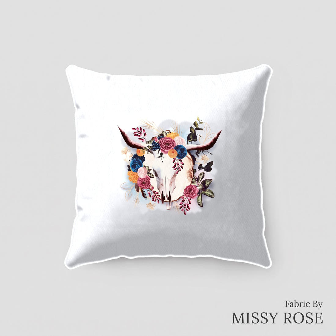 Design 54 Boho Cowskull Panel sewn into a cushion – see how the panel looks made up | Fabric by Missy Rose