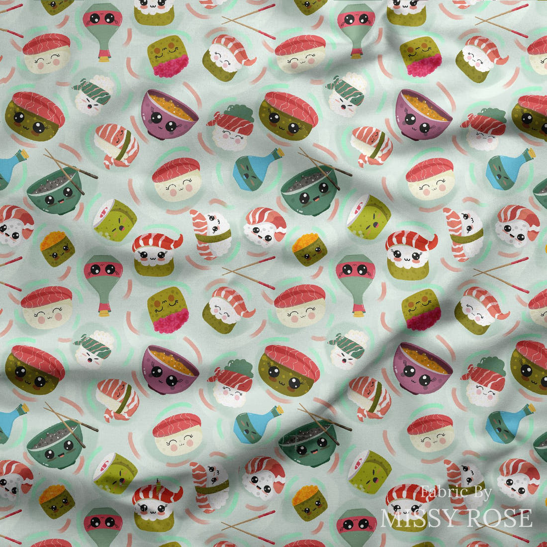 Design 540 Sushi Fabric draped fabric mockup – custom printed fabric by the metre | Fabric by Missy Rose