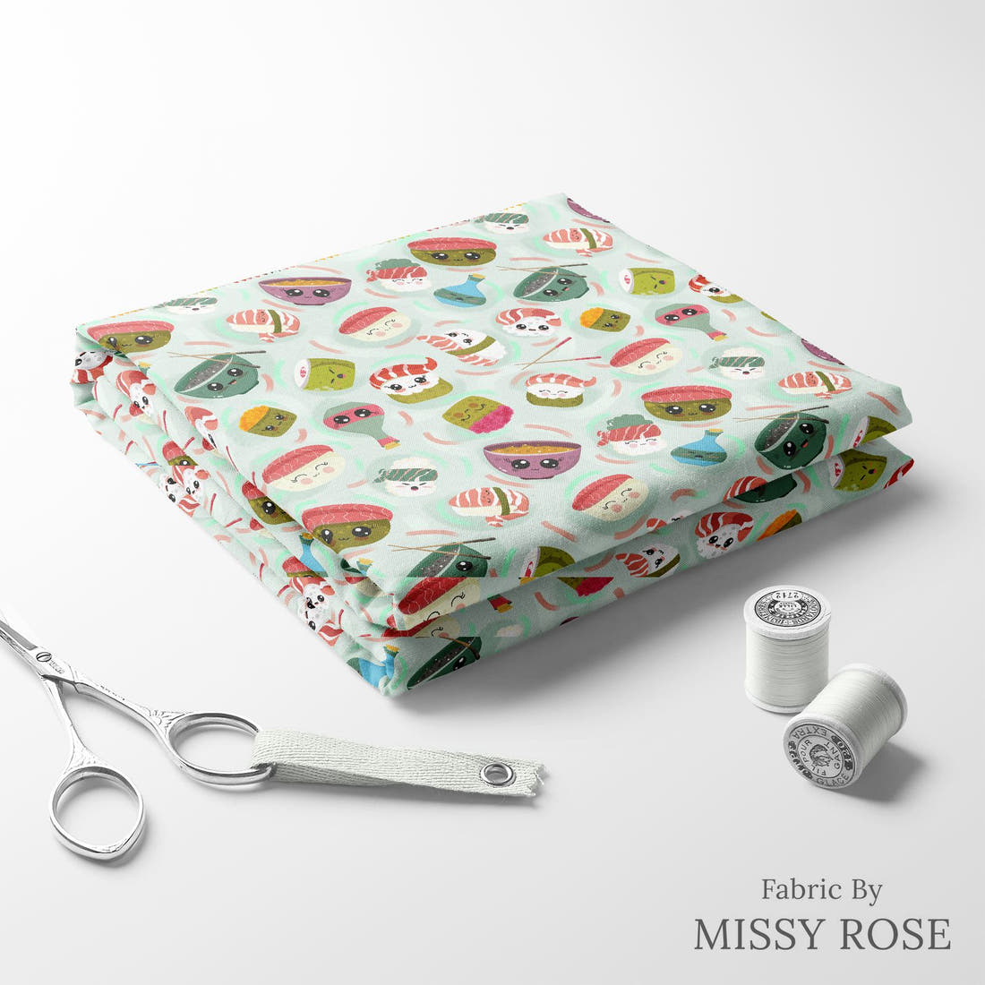 Design 540 Sushi Fabric folded fabric stack with matching thread – pre-order fabric Australia | Fabric by Missy Rose