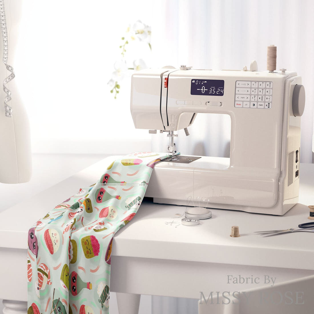 Design 540 Sushi Fabric on a sewing machine – premium fabric for sewing projects | Fabric by Missy Rose