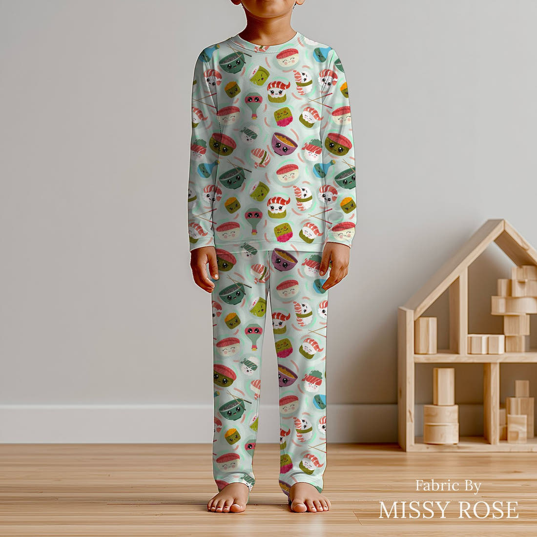 Design 540 Sushi Fabric sewn into kids' pyjamas – see how the print looks made up | Fabric by Missy Rose
