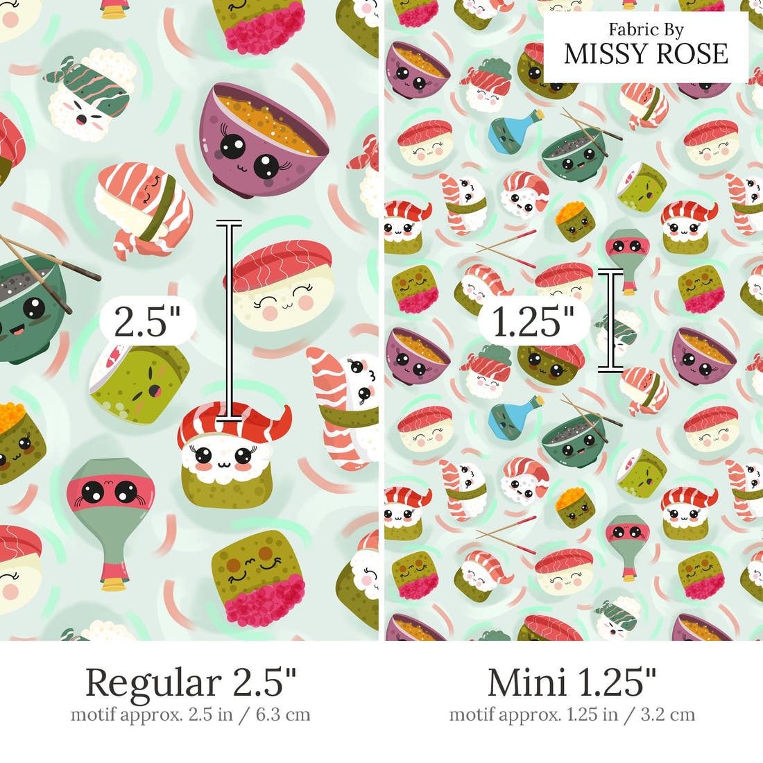 Design 540 Sushi Fabric Regular 2.5 inch vs Mini 1.25 inch print scale side by side | Fabric by Missy Rose