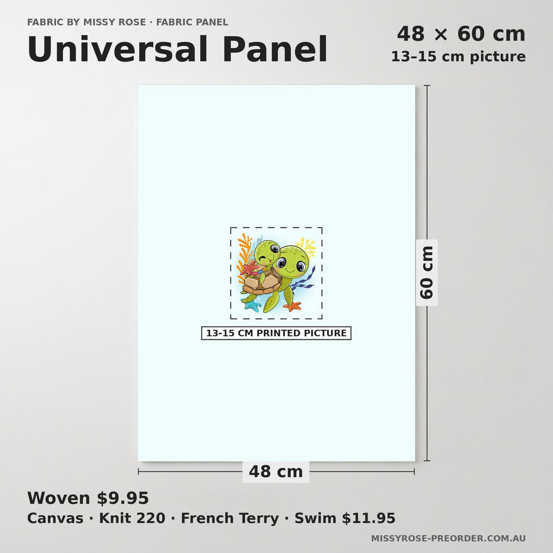 Design 541 Turtle Panel universal panel sizing – 13–15 cm printed picture on 48 × 60 cm fabric | Fabric by Missy Rose