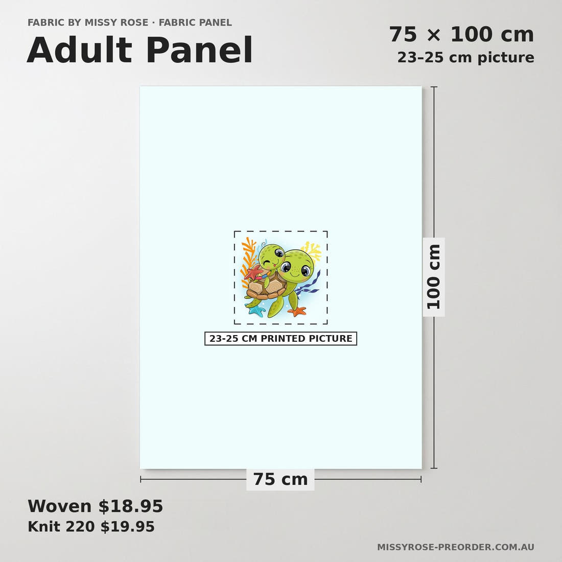 Design 541 Turtle Panel adult panel sizing – 23–25 cm printed picture on 75 × 100 cm fabric | Fabric by Missy Rose