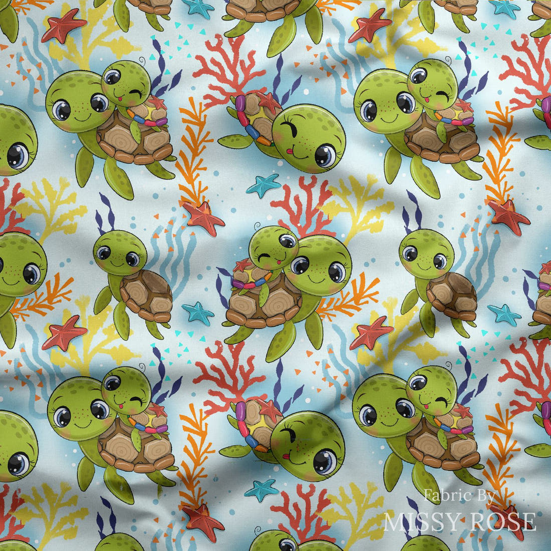 Design 541 Turtle Fabric draped fabric mockup – custom printed fabric by the metre | Fabric by Missy Rose