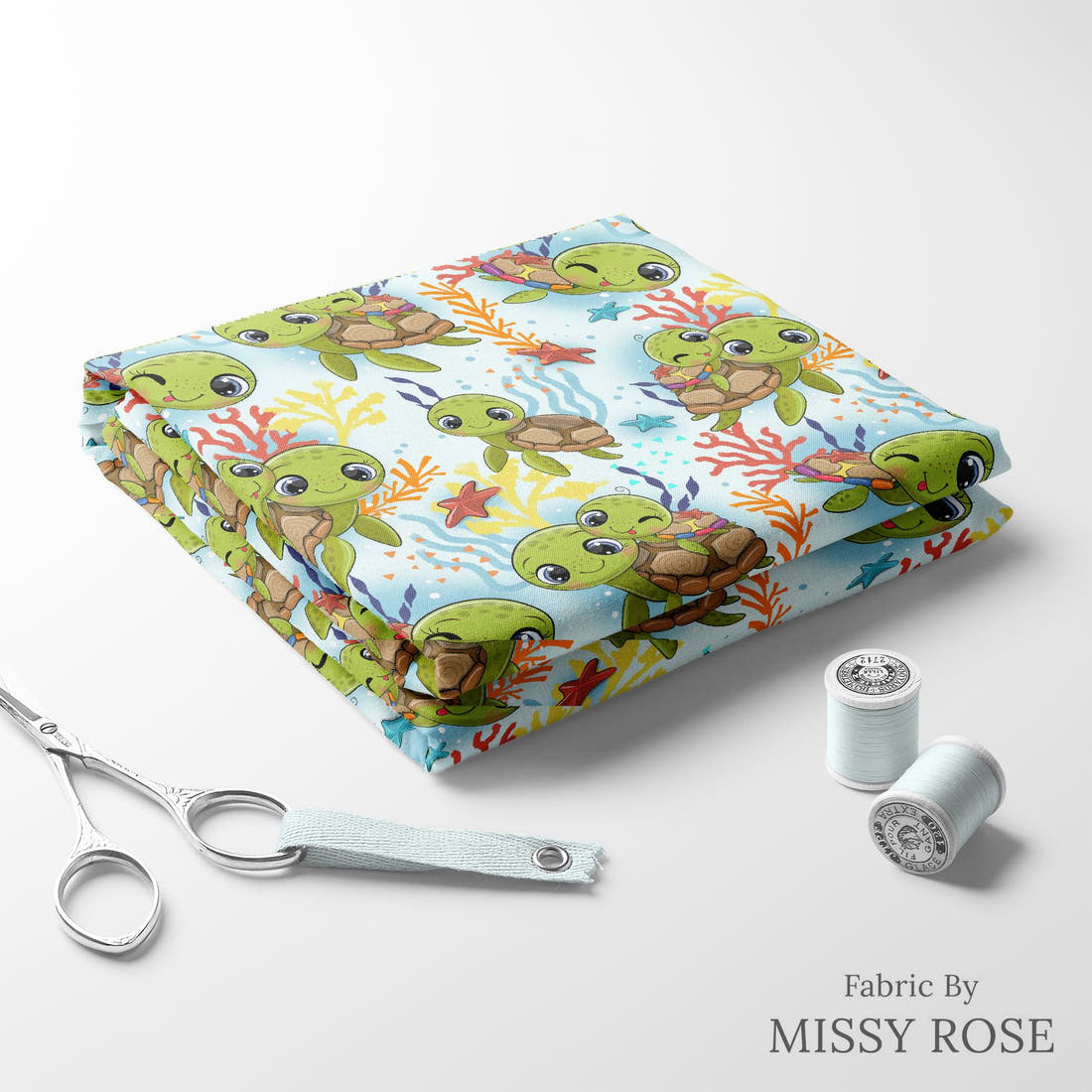 Design 541 Turtle Fabric folded fabric stack with matching thread – pre-order fabric Australia | Fabric by Missy Rose