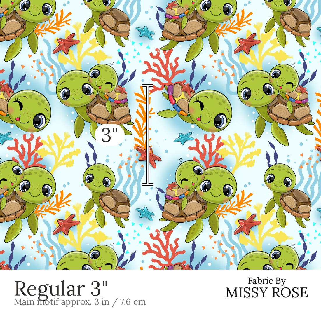 Design 541 Turtle Fabric Regular 3 inch print scale guide | Fabric by Missy Rose